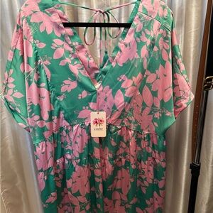 Entro Green and Pink Floral V-Neck Top